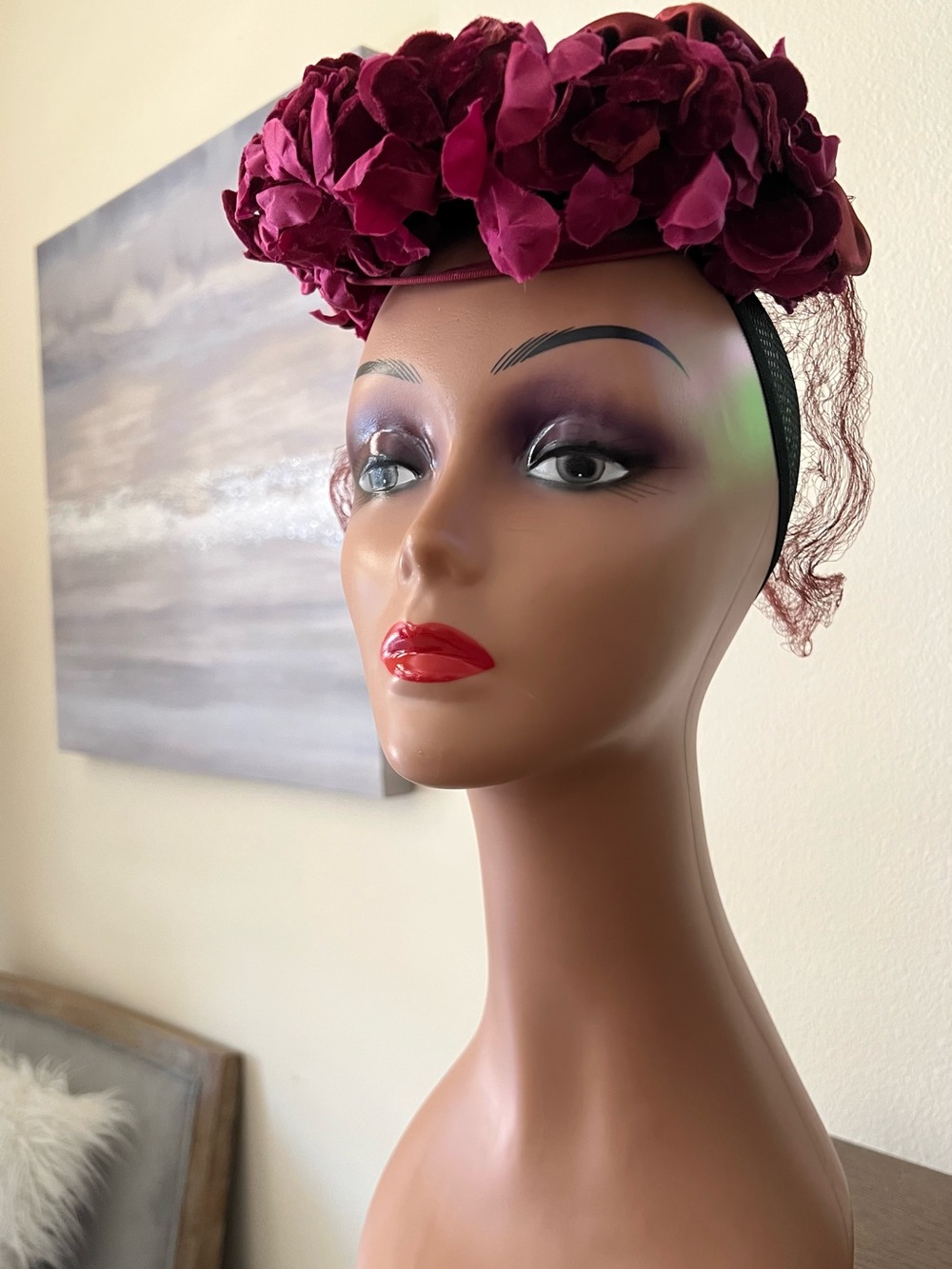Vintage 1940’s Holly-Vogue Women’s Floral Velvet Pillbox Headband - Burgundy